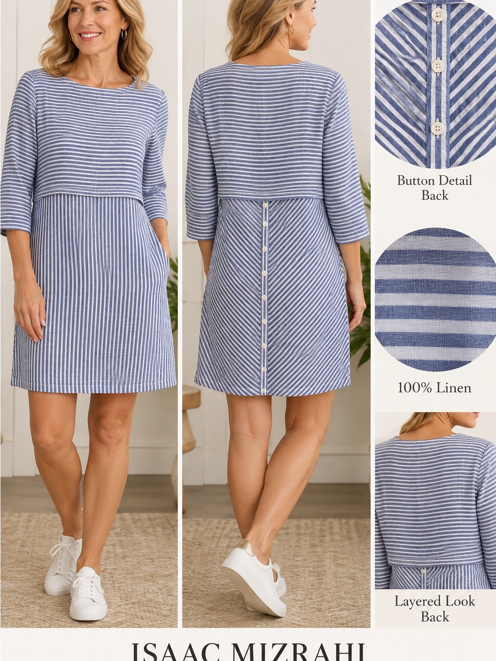Isaac Mizrahi Blue and White Striped Linen Layered Mini Dress
